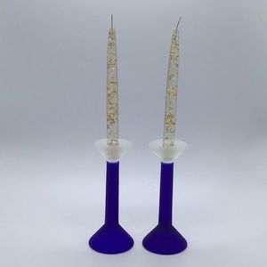 Pair Of Frosted Glass Cobalt Blue And White Candlestick Holders